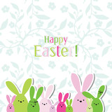 Easter card with copy space. Floral background. Bunny family.