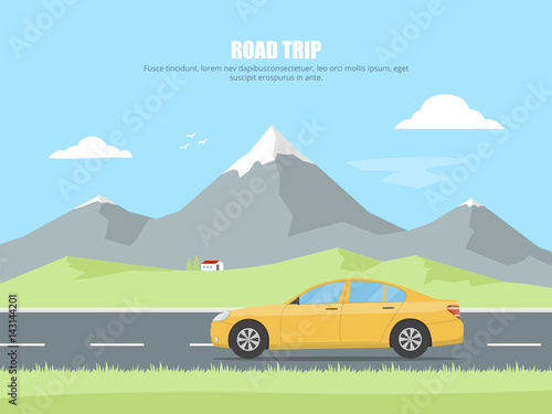 Highway drive with mountain landscape. Car rides on a highway in the background of a mountain landscape. Concept road trip. Outdoor recreation.