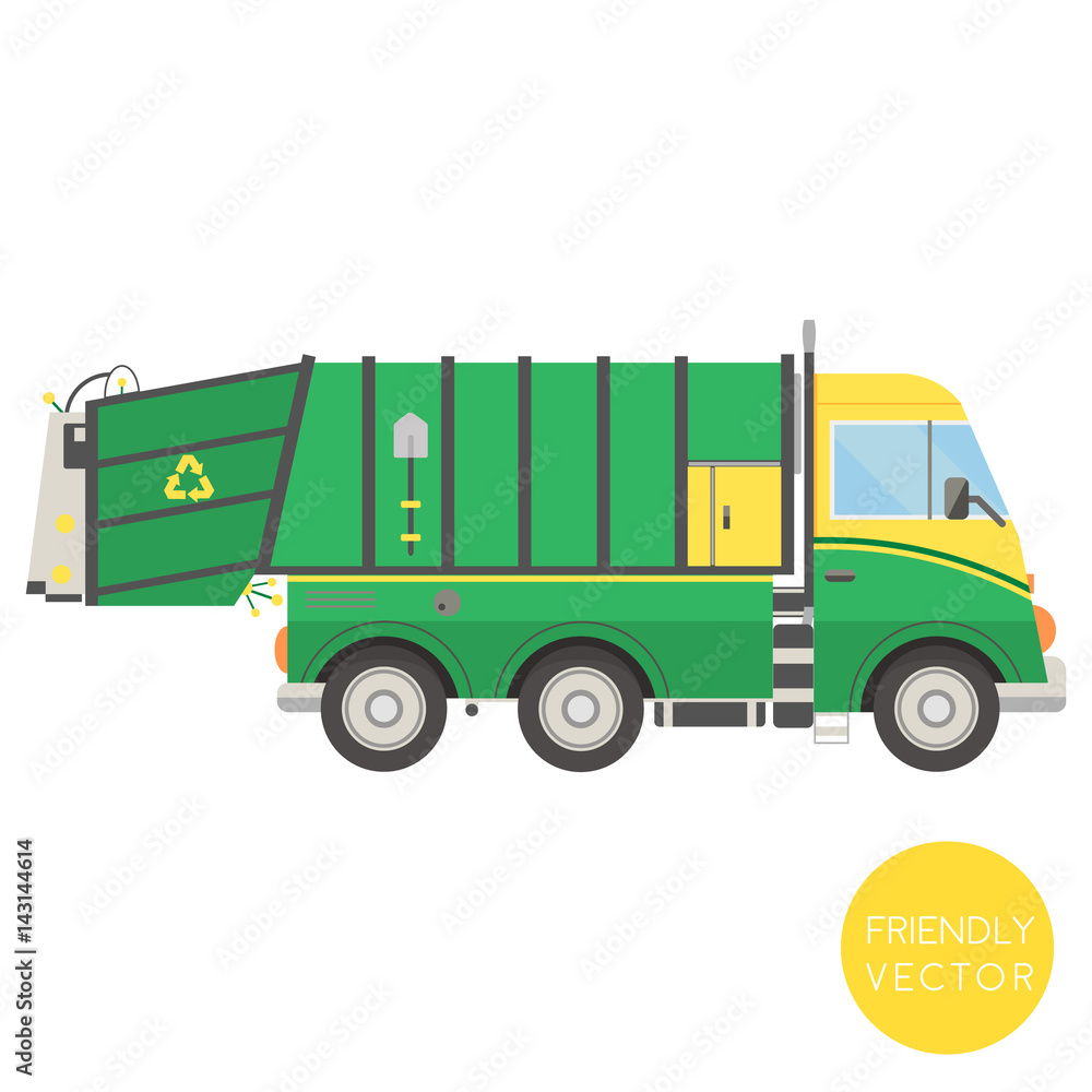 Cartoon transport. Garbage truck vector illustration. View from side.