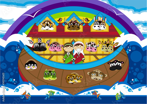 Cartoon Noah's Ark and Animals Bible Illustration