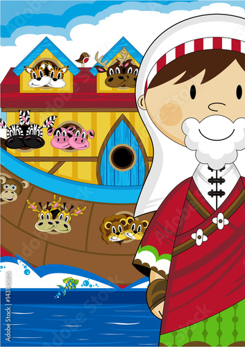 Cartoon Noah's Ark and Animals Bible Illustration