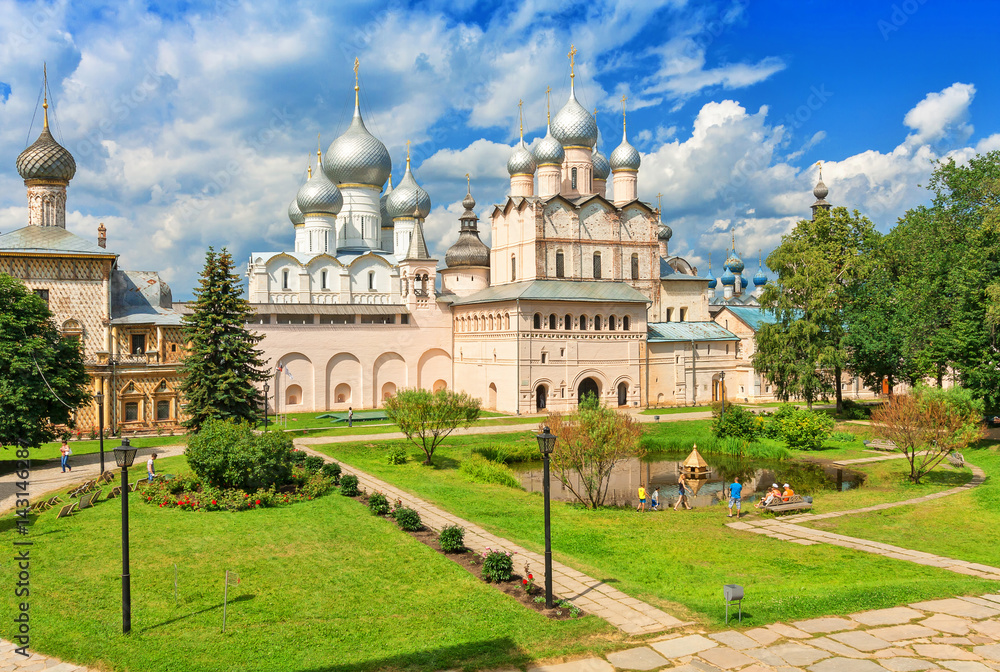 Assumption Cathedral and church of the Resurrection in Rostov Kremlin, Rostov the Great, Russia. Included in World Heritage list of UNESCO.
