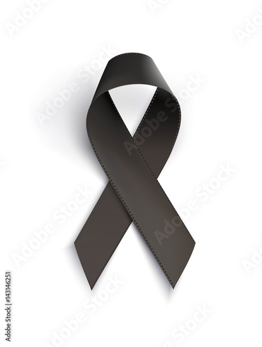 Realistic black awareness ribbon, isolated on white.  Mourning and melanoma sign. Vector illustration