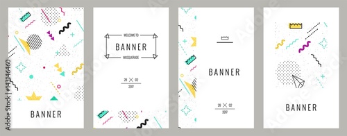 Trendy memphis cards with abstract seamless pattern.  Hipster poster, juicy, bright color background. Vector illustration