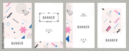 Trendy memphis cards with abstract seamless pattern.  Hipster poster, pastel  pink and blue color background. Vector illustration
