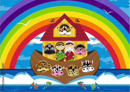 Cartoon Noah's Ark and Animals Bible Illustration