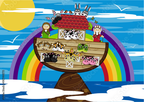 Cartoon Noah's Ark and Animals Bible Illustration