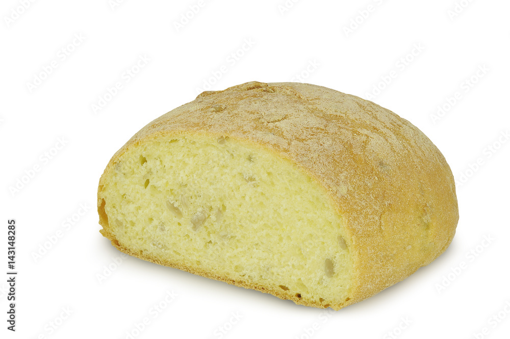 Round Loaf of bread (Ciabatta) Sliced isolated on white background