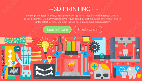 Human organs 3d printer technology flat concept set. 3d printing medicine. Web header banner.