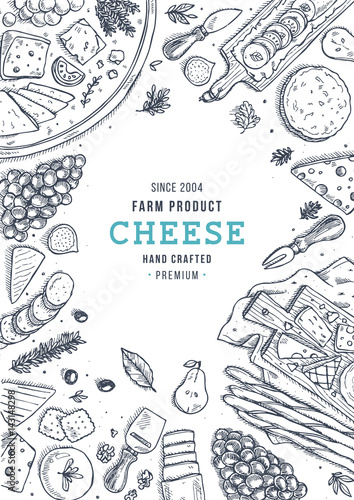 Cheese collection top view illustration. Antipasto table background. 