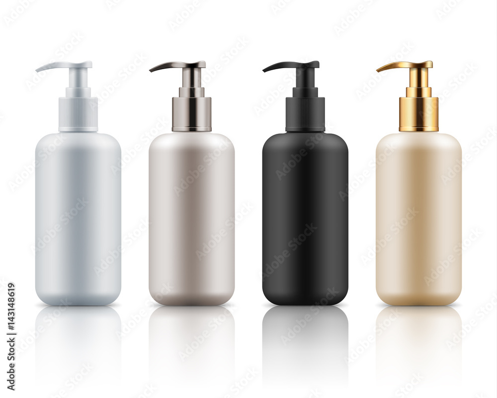 Empty and clean realistic plastic bottles with pump dispenser. Blank  template container for shower gel, shampoo, cream or lotion. Mock up of  white, black, beige and gold package for cosmetic product. Stock
