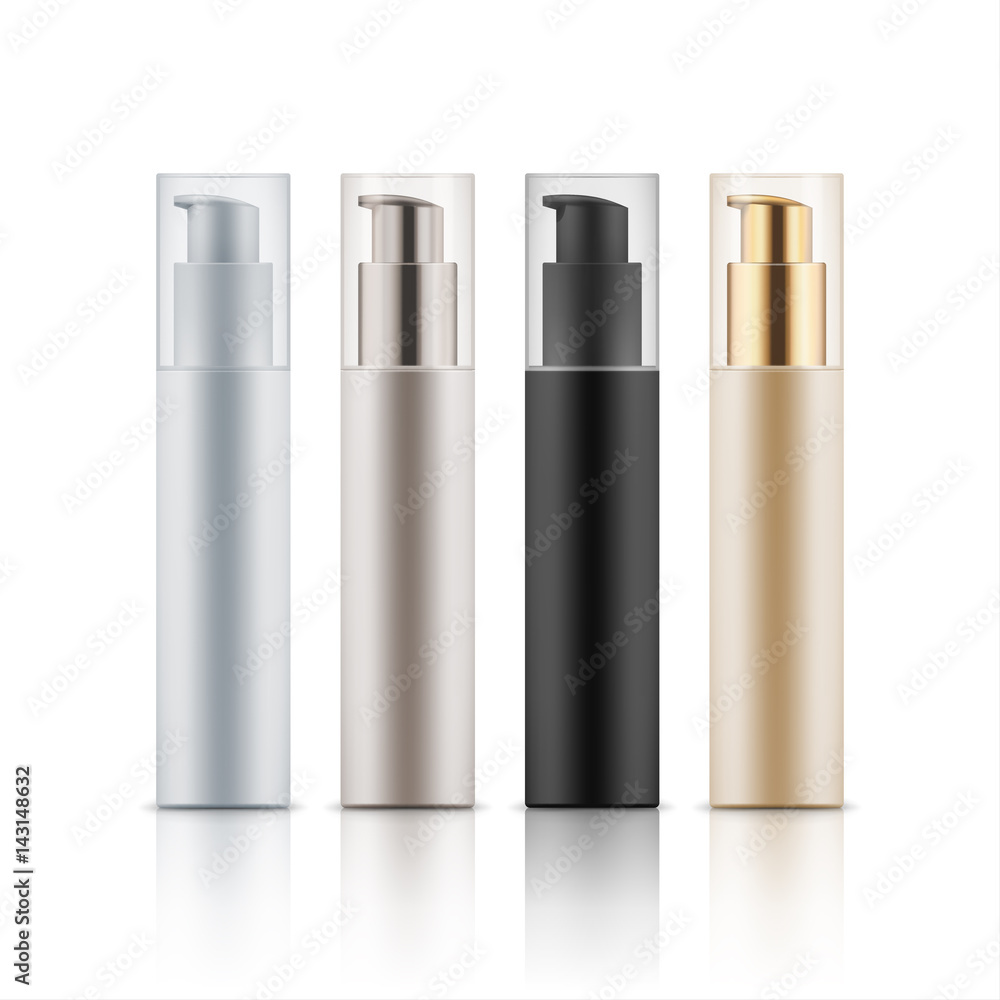 Collection of cosmetic bottles with dispenser for cream, foam in four colors, brand concept, mockup 3D realistic illustration, isolated on white background. Beauty, medicine, healthcare concept Collection of cosmetic bottles with dispenser for cream, foam in four colors, brand concept, mockup 3D realistic illustration, isolated on white background. Beauty, medicine, healthcare concept