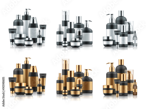 Sets of realistic black plastic packaging for cosmetic beauty products. Blank templates of lotion bottles, face cream jars and tube. Vector mock-up of containers isolated on white background
