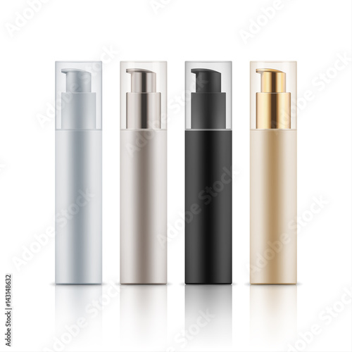 Collection of cosmetic bottles with dispenser for cream, foam in four colors, brand concept, mockup 3D realistic illustration, isolated on white background. Beauty, medicine, healthcare concept