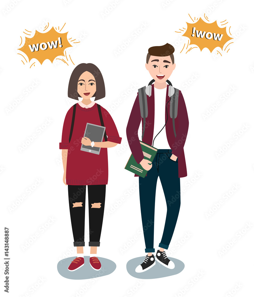 Wow Faces Surprised Man In And Surprised Girl And Speech Bubbles With Wow Vector Flat Cartoon Young Couple Students In Casual Clothes Fashion Modern Stylish Girl And Boy Hipster Students Stock Vector