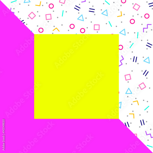 Abstract geometric background, different geometric shapes - triangles, circles, dots, lines. Memphis style. Bright and colorful neon colors, funky 90s style. Vector illustration.