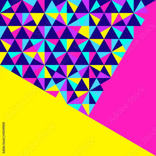 Abstract geometric background, different geometric shapes - triangles, circles, dots, lines. Memphis style. Bright and colorful neon colors, funky 90s style. Vector illustration.