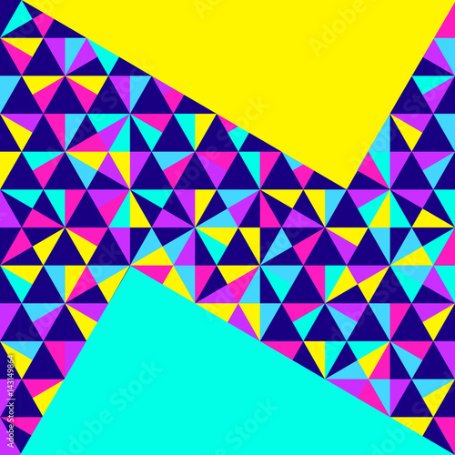 Abstract geometric background, different geometric shapes - triangles, circles, dots, lines. Memphis style. Bright and colorful neon colors, funky 90s style. Vector illustration.