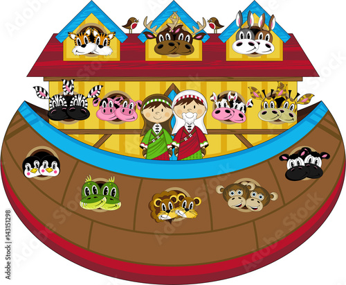 Cartoon Noah's Ark and Animals Bible Illustration