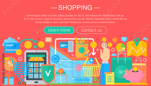 Shopping Online and E-Commerce Shopping concept. Online e commerce infographics template design, web header shopping icons elements. Vector illustration.