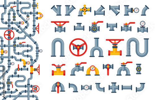 Details pipes different types collection of water tube industry gas valve construction and oil industrial pressure technology plumbing vector illustration.