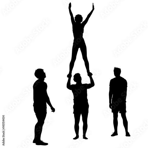 Black silhouette two acrobats show stand on hand. Vector illustration
