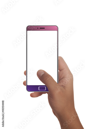 Male hand holding modern smartphone. Editable. Ready for your design. Various colours.