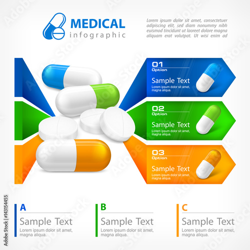 Medical pill infographic with medicine signs elements and text