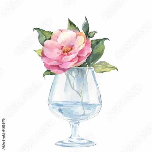 Glass vase with flowers. Watercolor illustration