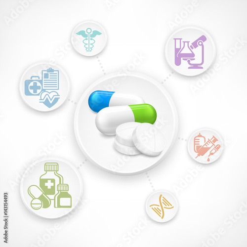 Medical color infographic with medicine signs in circle elements