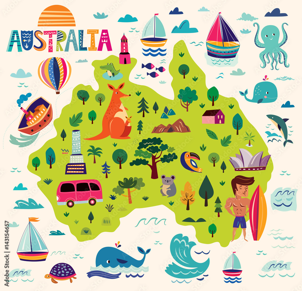 Illustration with Australian symbols. Map of Australia - obrazy, fototapety, plakaty 