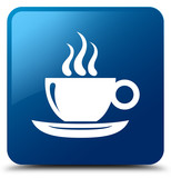 Coffee cup icon blue square button