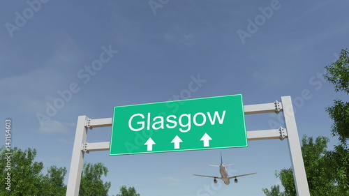 Airplane arriving to Glasgow airport. Travelling to United Kingdom conceptual 3D rendering