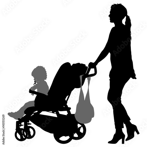 Black silhouettes Family with pram on white background. Vector illustration