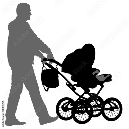 Black silhouettes father with pram on white background. Vector illustration