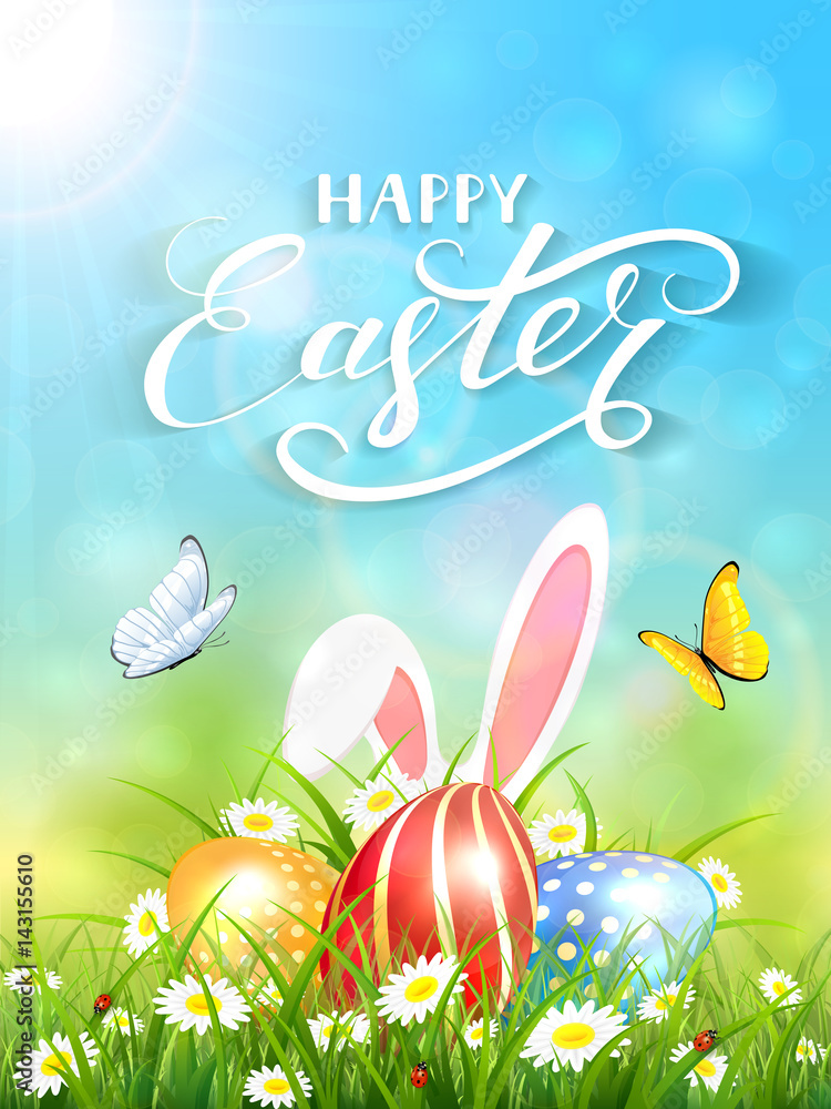 Blue background with rabbit and three Easter eggs in grass