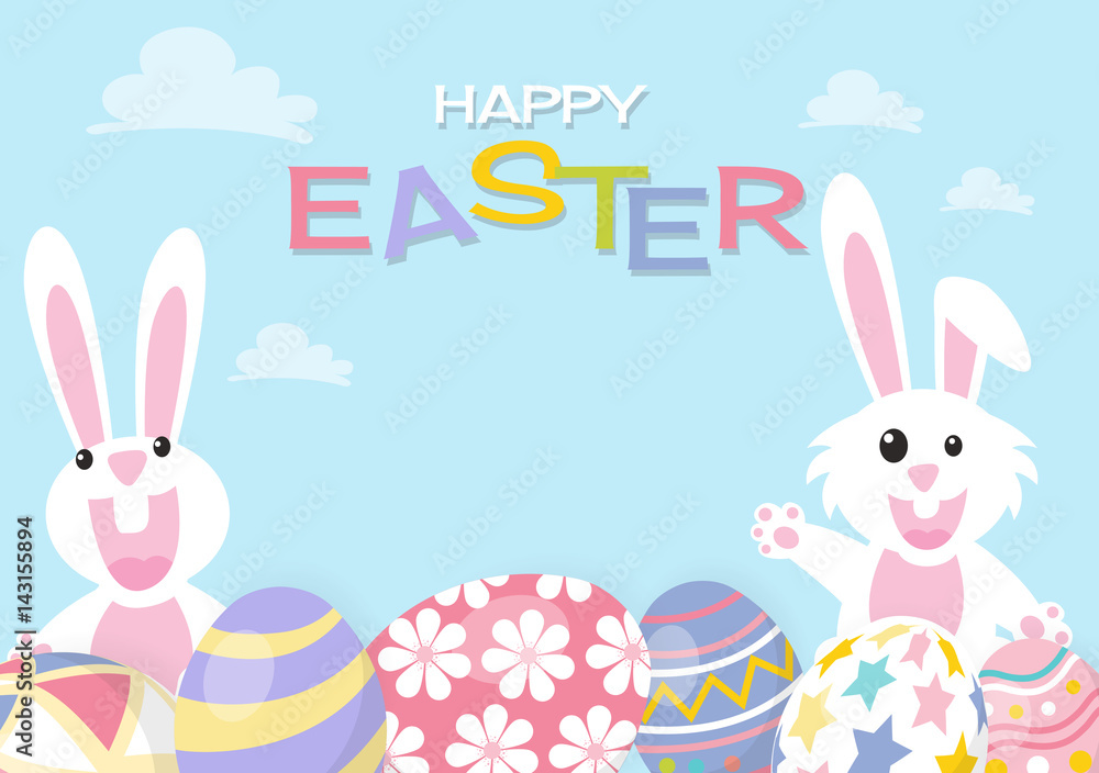 Colorful Happy Easter greeting card with rabbit, bunny and eggs Colorful Happy Easter greeting card with rabbit, bunny and eggs