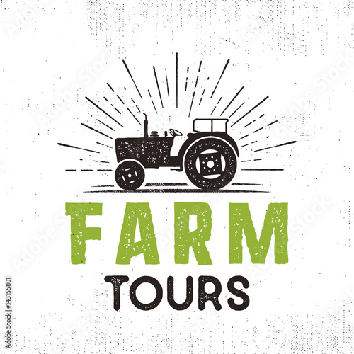 Farm tours logo with tractor and sunbursts. Retro style. Black and green colors. Isolated on white background