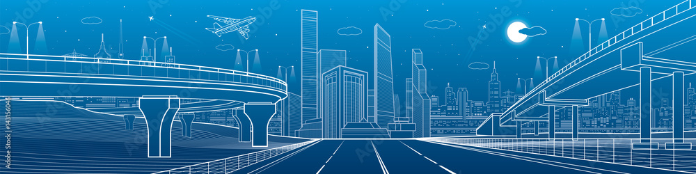 Big highway. Automobile overpasses, infrastructure and city panorama, airplane fly, night town, towers and skyscrapers, urban scene, vector design art