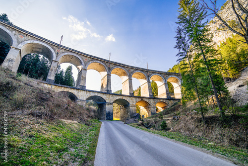 panaroama of a rail viaduct - train bridge over a valley - Semmering Bahn - unesco world heritage - "Kalte Rinne"