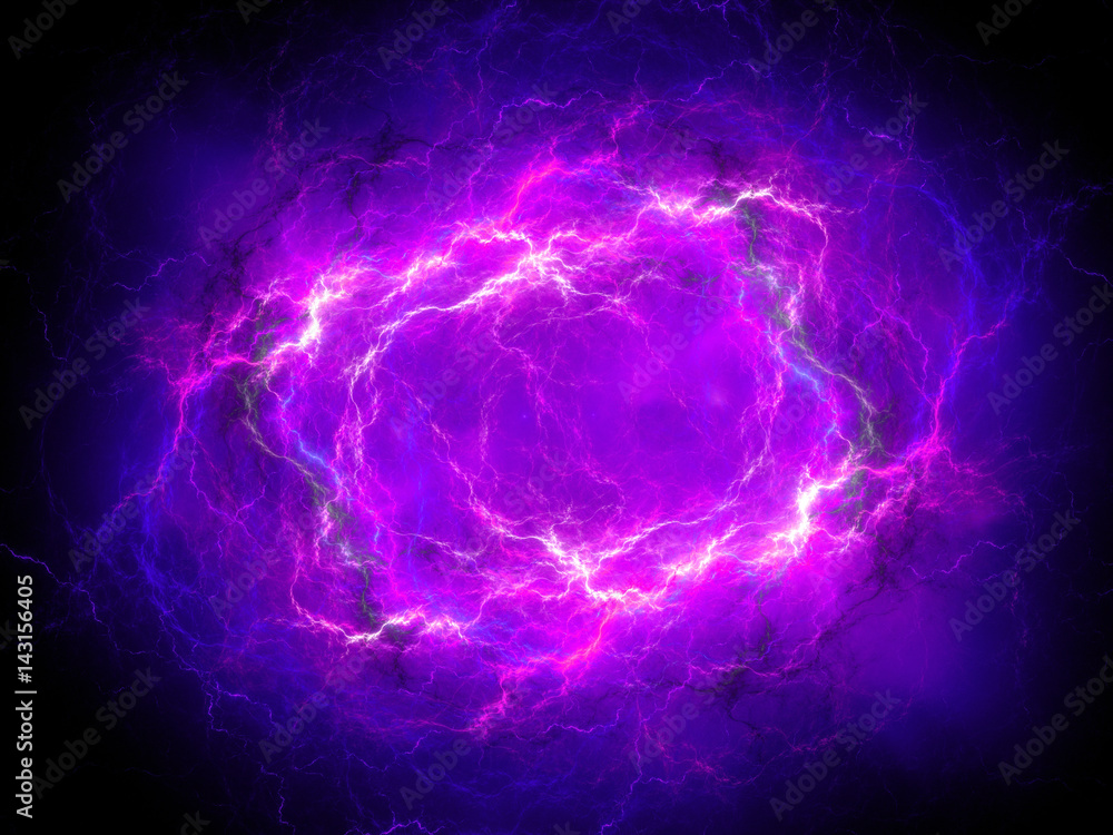 Naklejka premium Purpurowa rozjarzona błyskawica osocza w przestrzeni