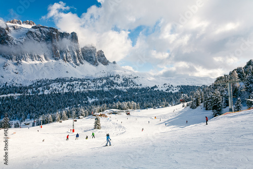 View of a ski resort area in Dolomites Italy