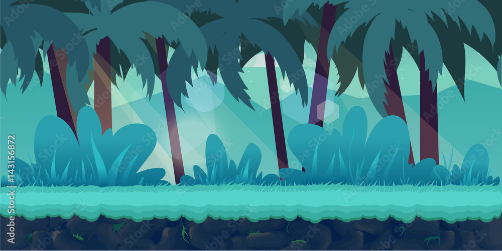 Fotobehang Zeegroen cartoon jungle landschap, vector oneindige achtergrond #143156872