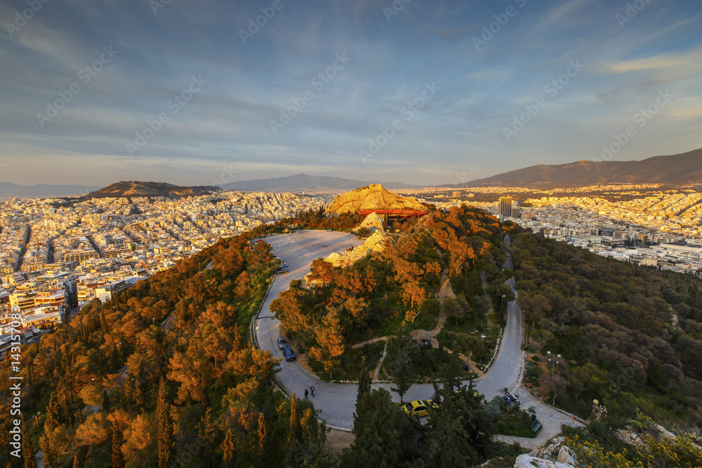 View of Athens from Lycabettus hill at sunset, Greece. 
