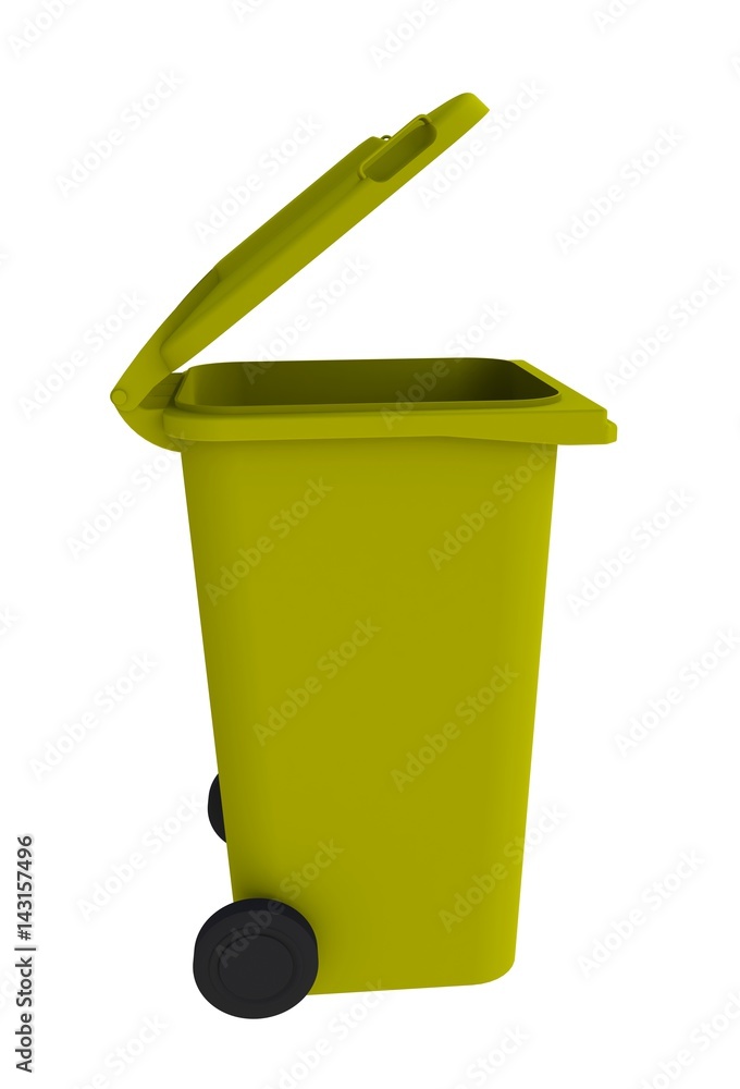 Beside view of yellow garbage wheelie bin with a open lid on a white background, 3D rendering Beside view of yellow garbage wheelie bin with a open lid on a white background, 3D rendering