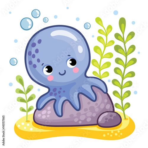 Cute octopus sits on a rock. Octopus on the seabed. Vector illustration in a children's style.
