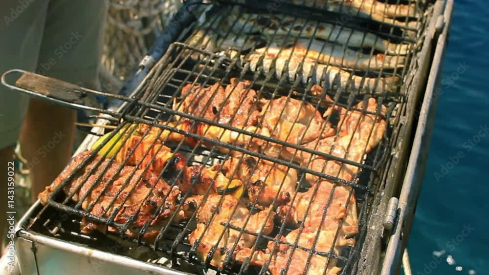 BBQ on the Boat. Barbecue mount with grill attached on the gulet yacht ...