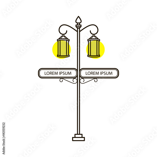 Vector streetlight in flat style with sign. Vintage outdoor light. Exterior illuminator with pointer. Street lamppost and banner blank advertisement. Trditional frame. Ancient architecture.