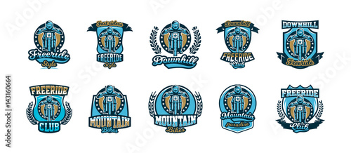 A set of logos, emblems of a rider riding a mountain bike. Downhill, freeride, extreme sport. Vector illustration.
