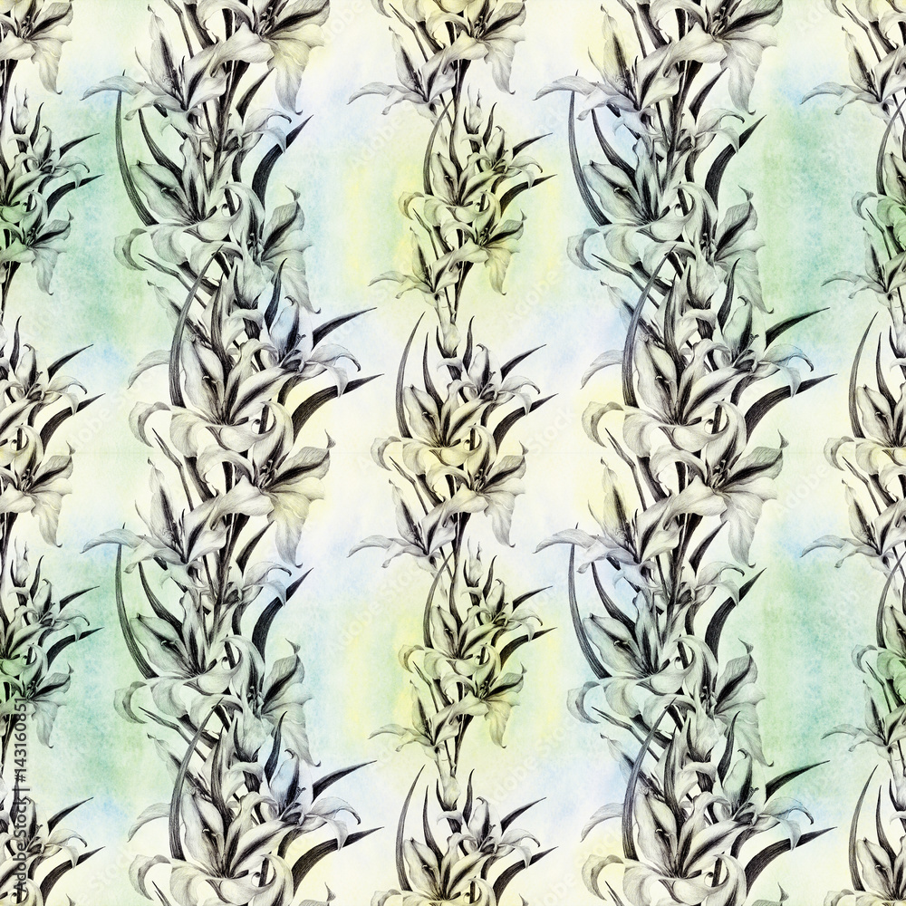 Fototapeta premium Gladiolus. Abstract wallpaper with floral motifs. Seamless pattern. Wallpaper. Use printed materials, signs, posters, postcards, packaging.